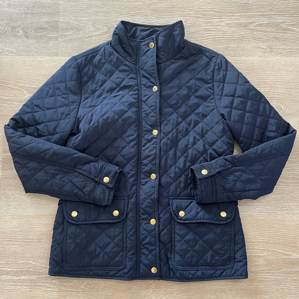 British Khaki Quilted Navy Blue Jacket with Gold Buttons